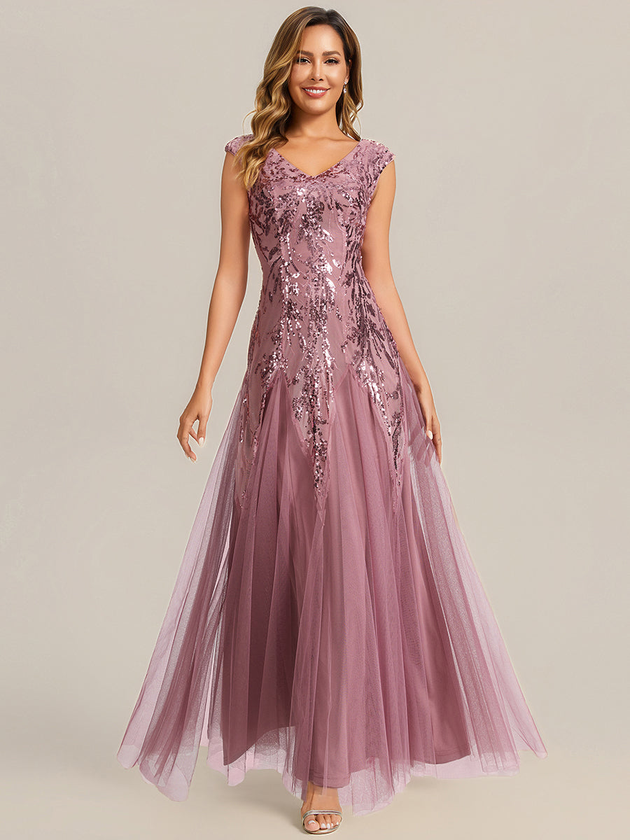 Embroidered Sequin Cap Sleeve Evening Dress #color_Purple Orchid