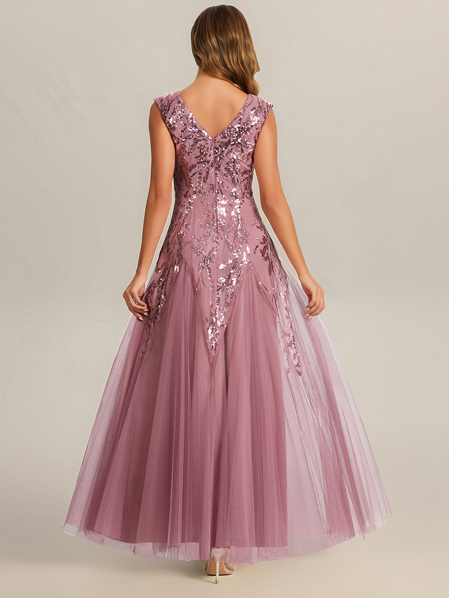 Embroidered Sequin Cap Sleeve Evening Dress #color_Purple Orchid