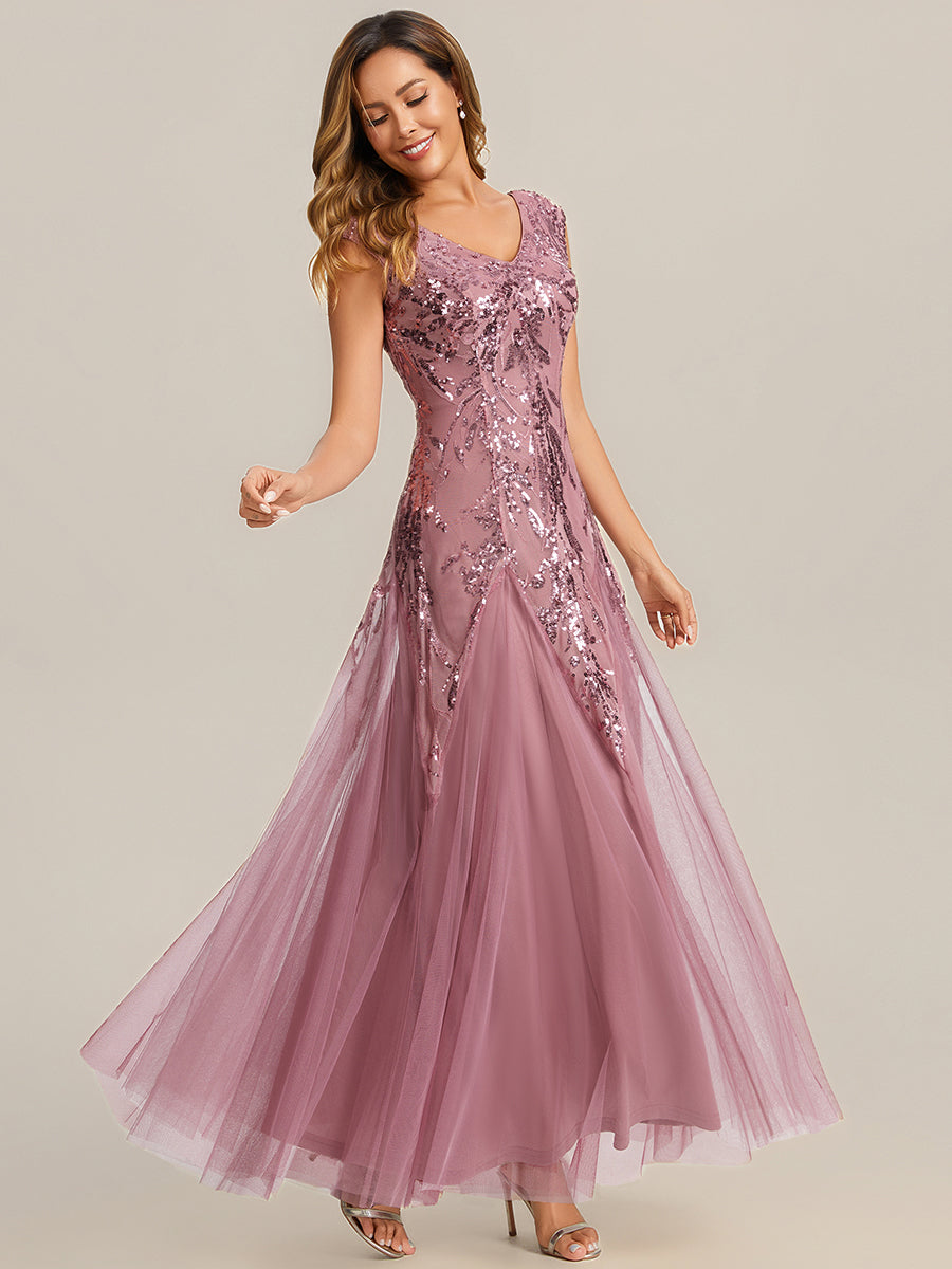 Embroidered Sequin Cap Sleeve Evening Dress #color_Purple Orchid