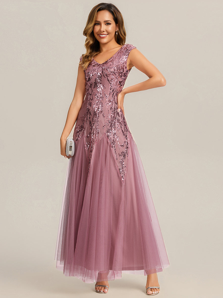 Embroidered Sequin Cap Sleeve Evening Dress #color_Purple Orchid