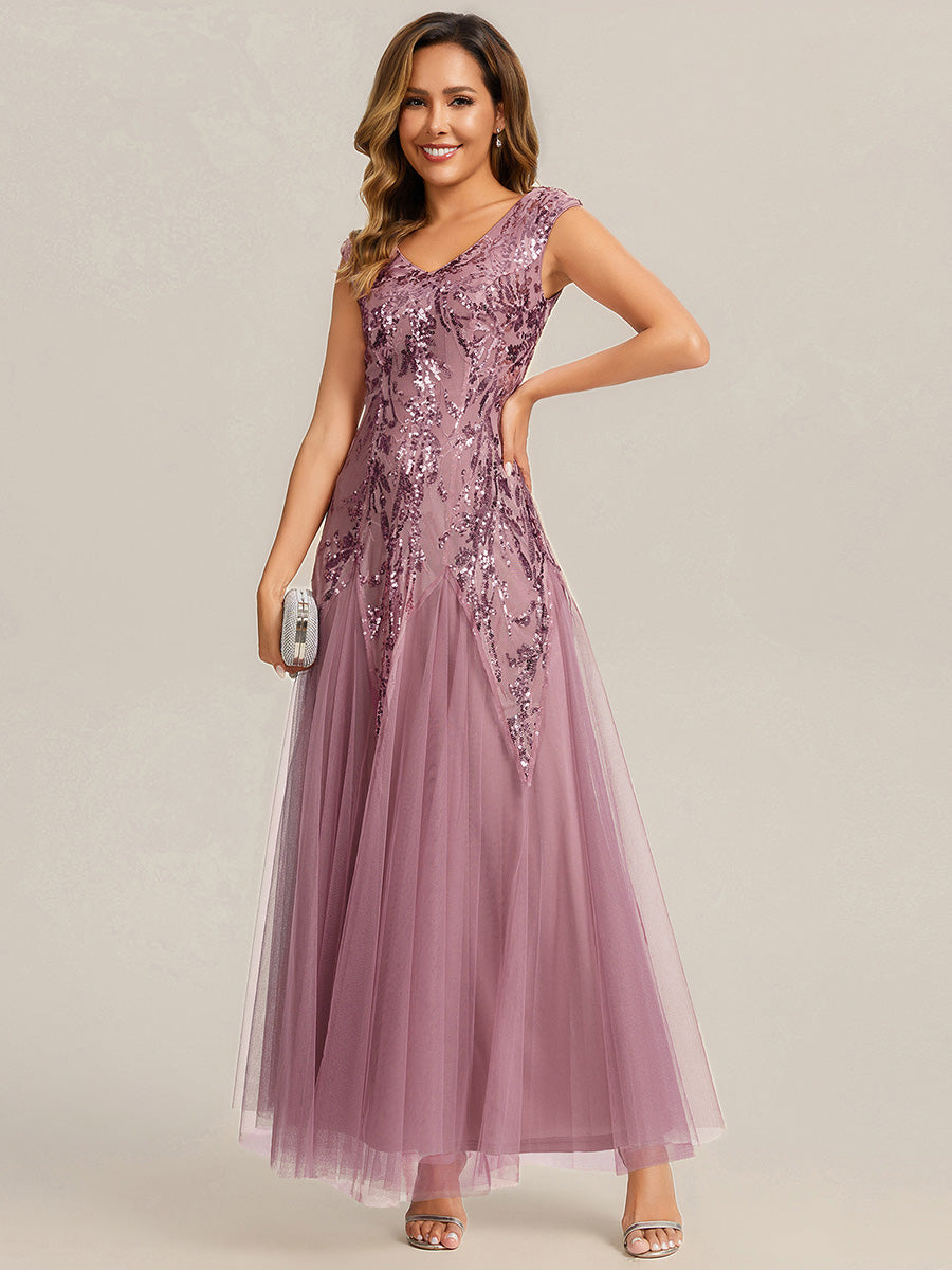 Glitter Embroidered Cap Sleeve High Stretch Mother of the Bride Dress #color_Purple Orchid