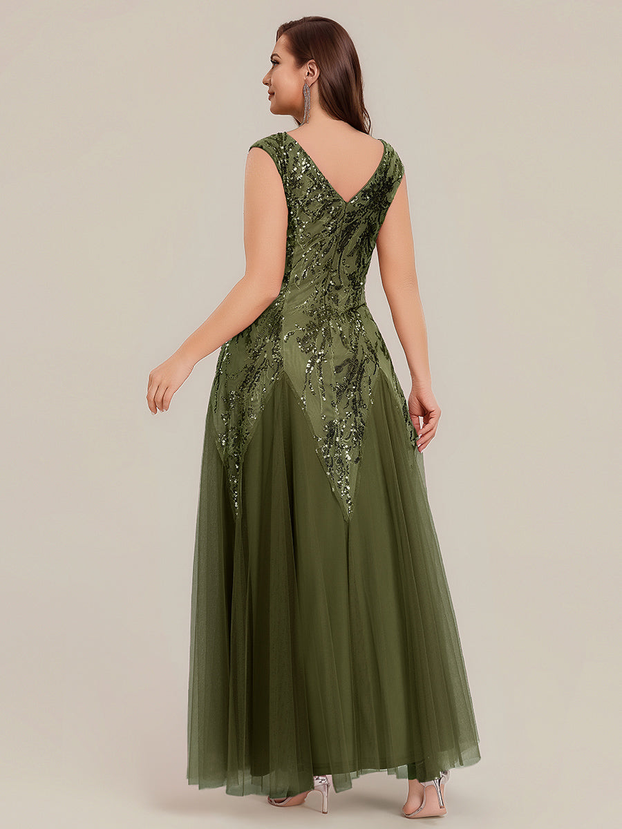 Plus Size Glitter High Stretch Cap Sleeve Tulle Mother of the Bride Dress #color_Olive Green