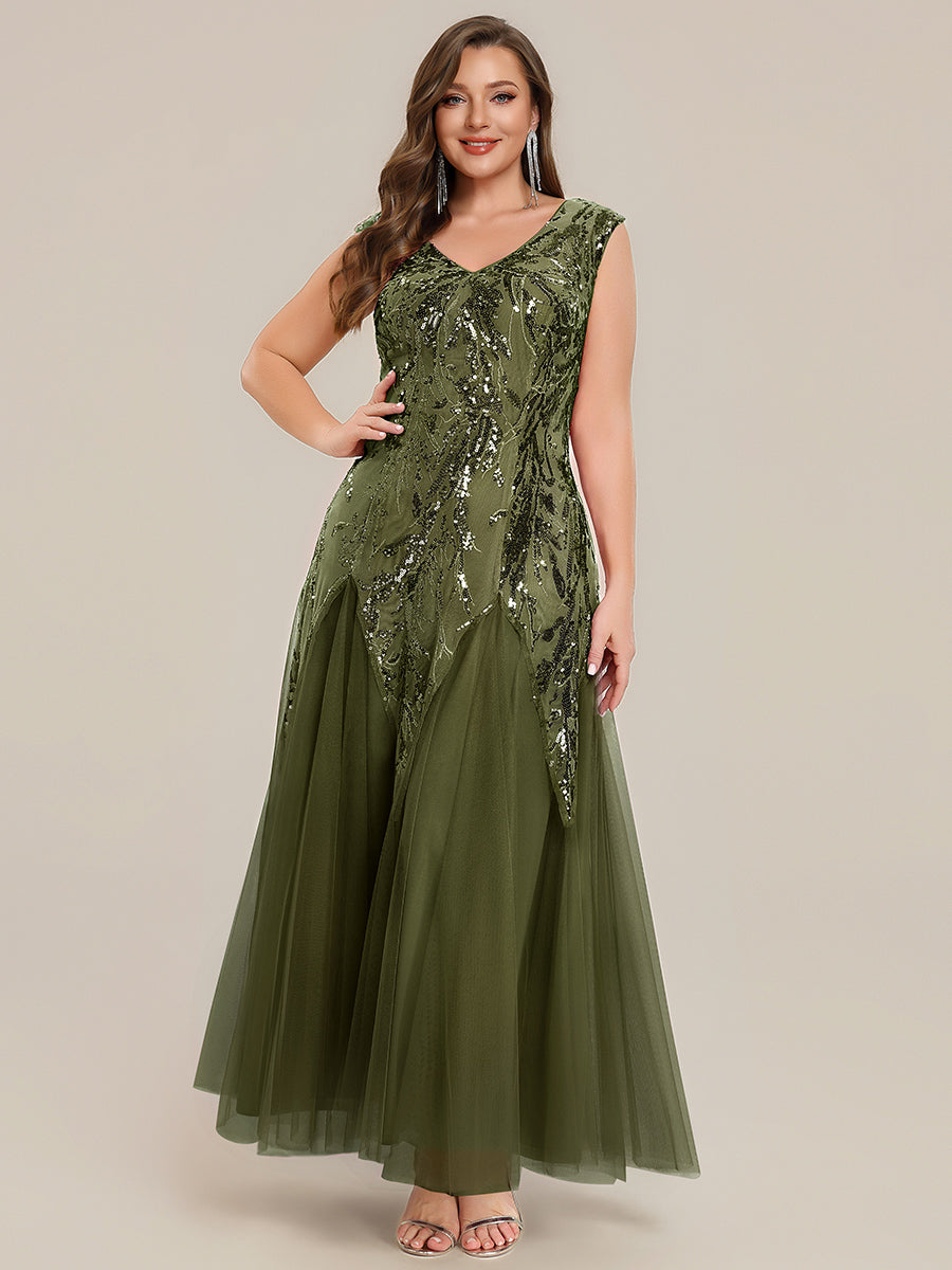 Plus Size Glitter High Stretch Cap Sleeve Tulle Mother of the Bride Dress #color_Olive Green