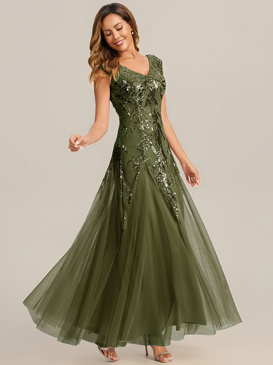 Glitter Embroidered Cap Sleeve High Stretch Mother of the Bride Dress #color_Olive Green