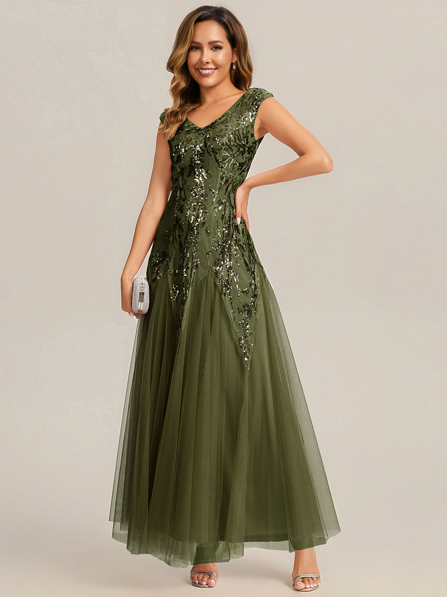 Glitter Embroidered Cap Sleeve High Stretch Mother of the Bride Dress #color_Olive Green