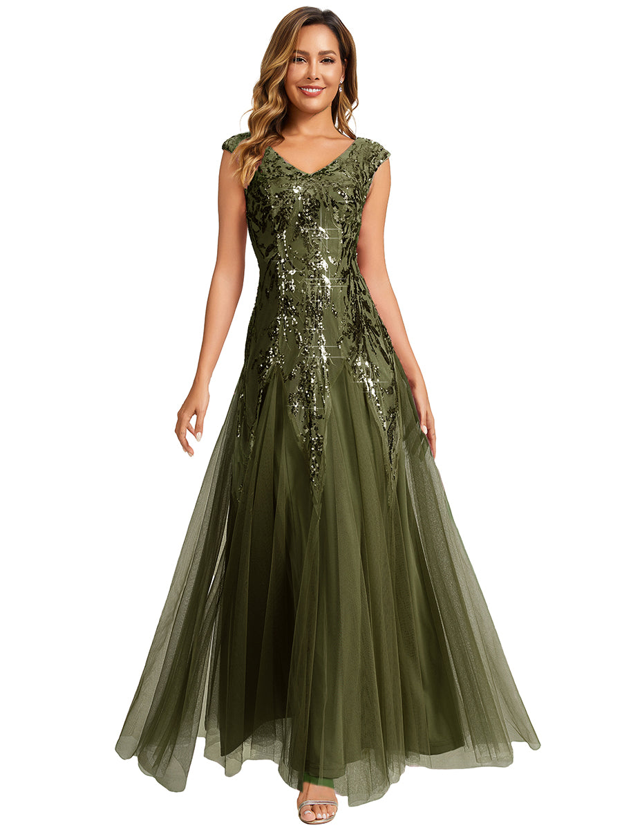 Glitter Embroidered Cap Sleeve High Stretch Mother of the Bride Dress #color_Olive Green