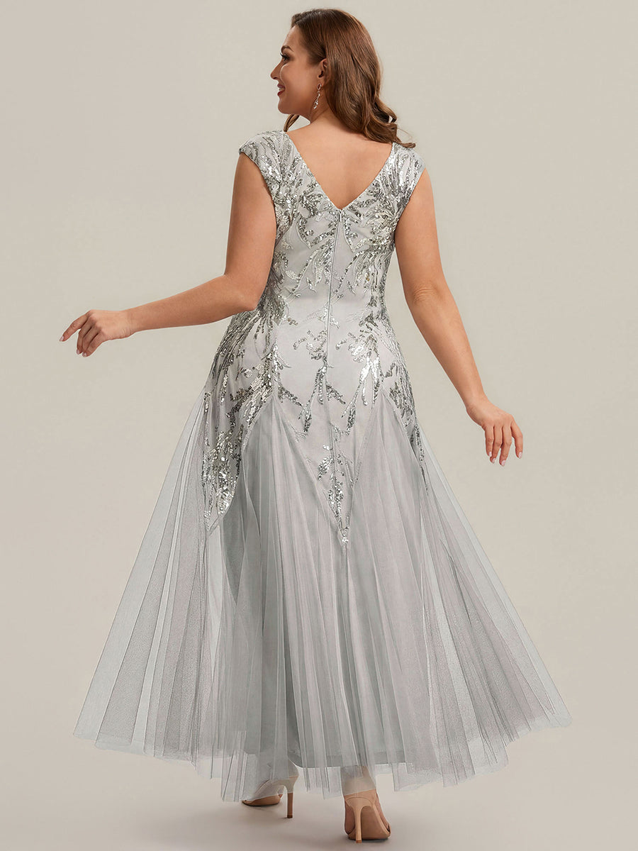 Plus Size Glitter High Stretch Cap Sleeve Tulle Mother of the Bride Dress #color_Silver