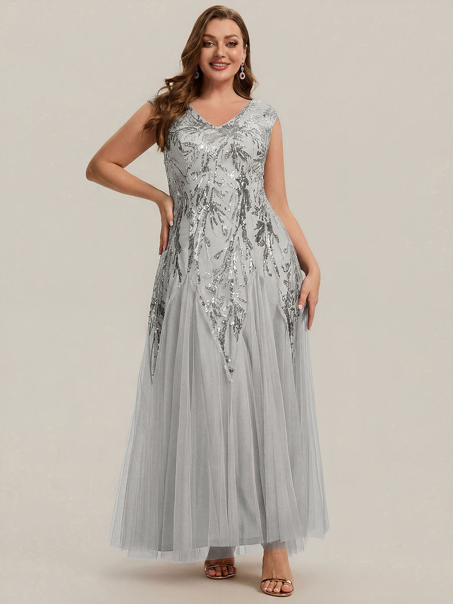 Plus Size Glitter High Stretch Cap Sleeve Tulle Mother of the Bride Dress #color_Silver