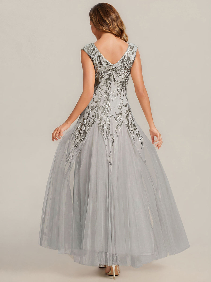 Glitter Embroidered Cap Sleeve High Stretch Mother of the Bride Dress #color_Silver