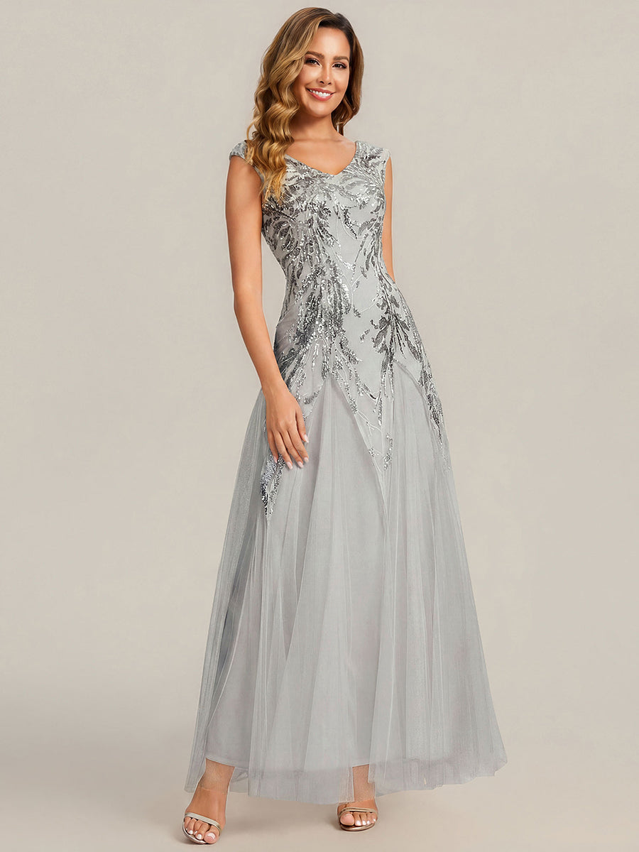 Glitter Embroidered Cap Sleeve High Stretch Mother of the Bride Dress #color_Silver