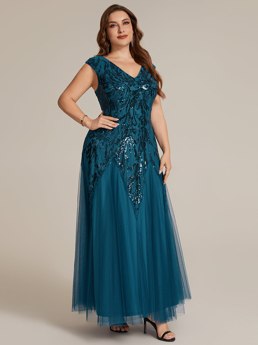 Glitter Embroidered Cap Sleeve High Stretch Mother of the Bride Dress #color_Teal