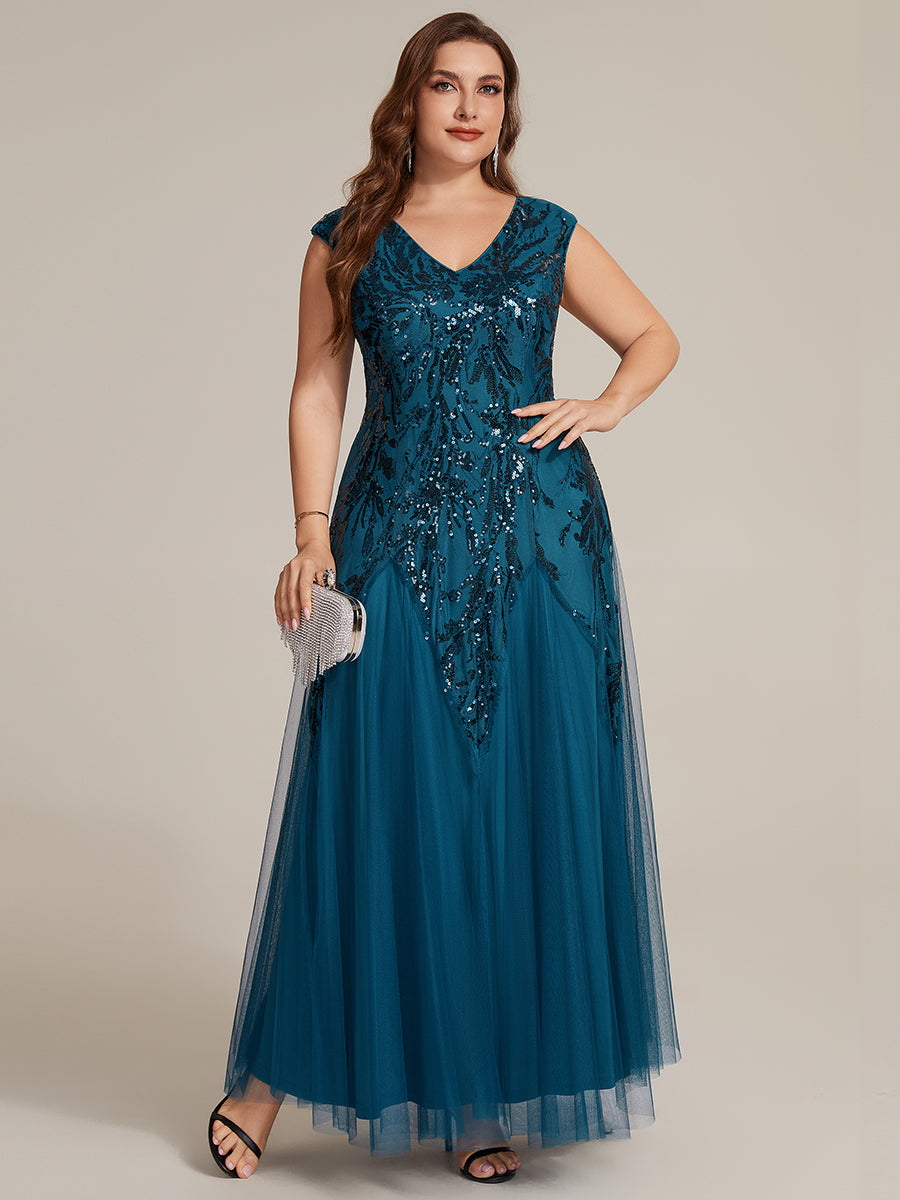 Glitter Embroidered Cap Sleeve High Stretch Mother of the Bride Dress #color_Teal
