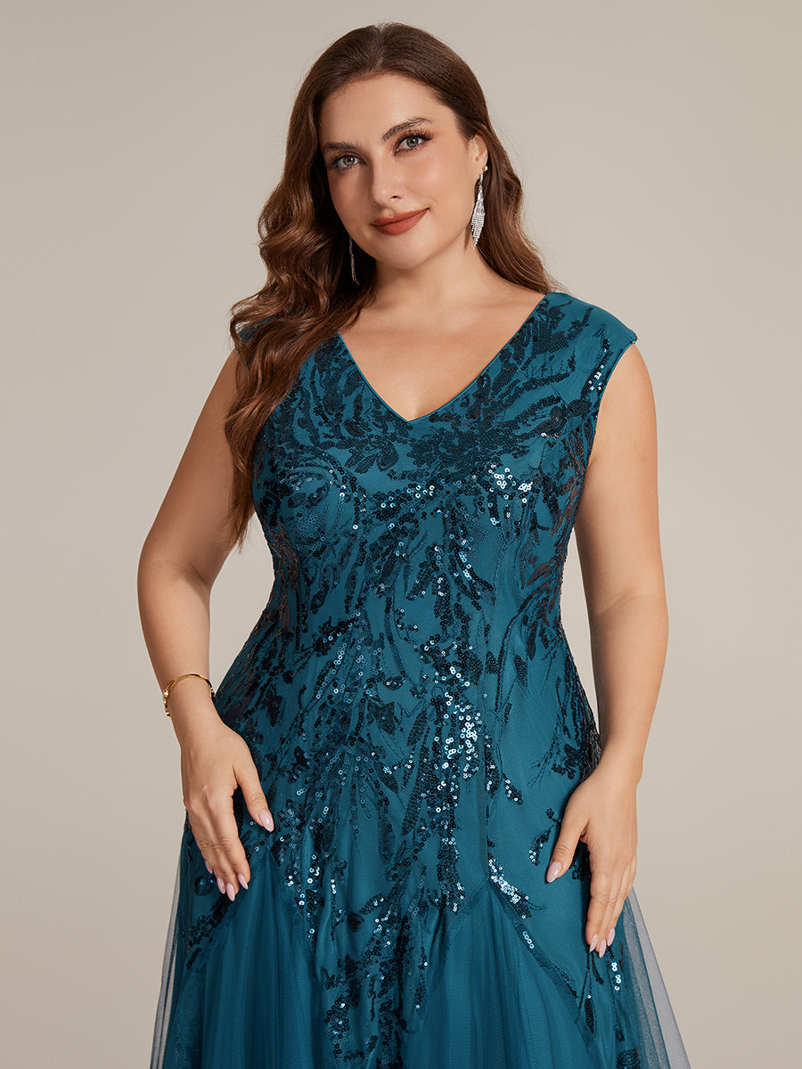 Plus Size Glitter High Stretch Cap Sleeve Tulle Mother of the Bride Dress #color_Teal