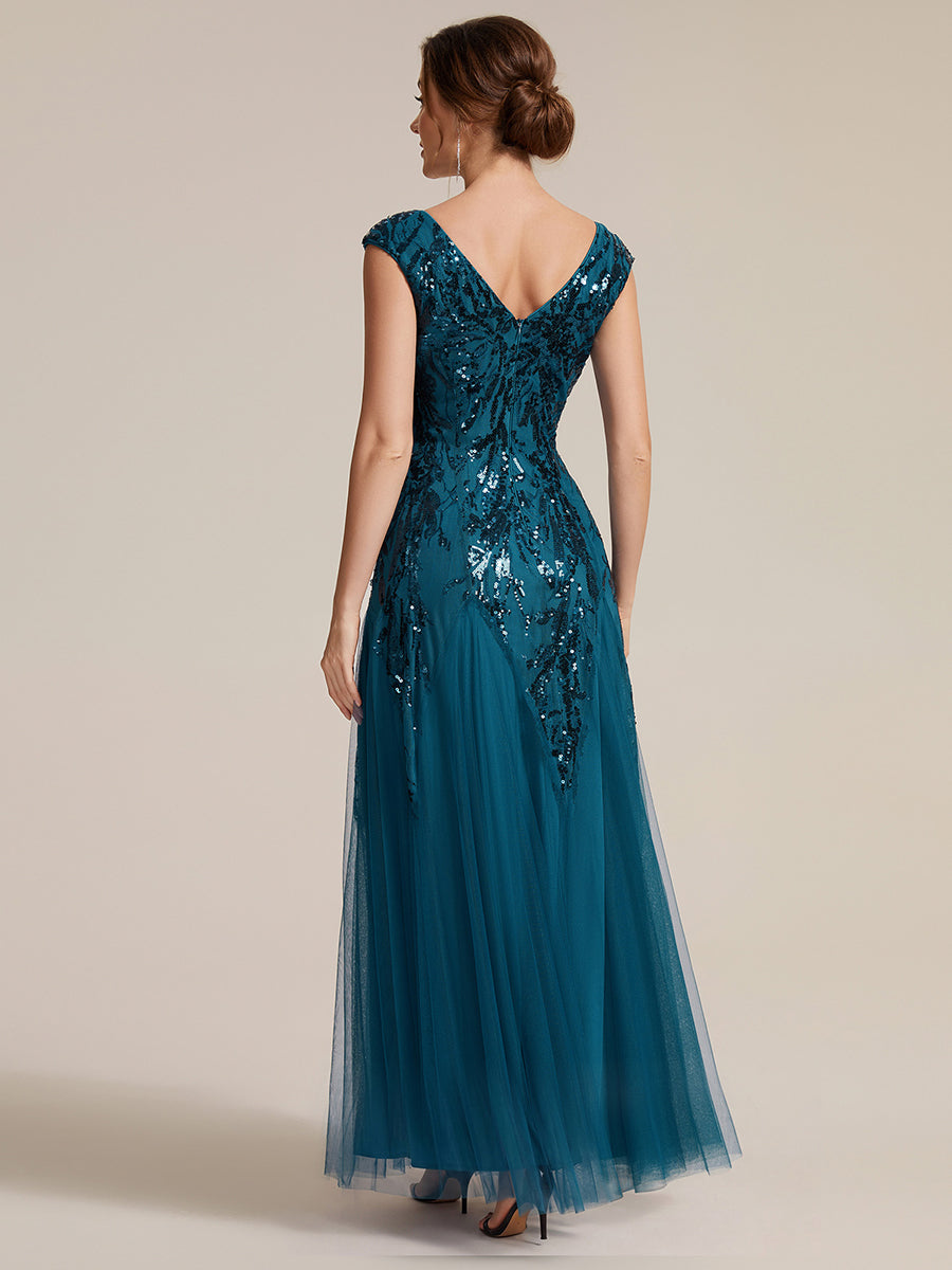 Glitter Embroidered Cap Sleeve High Stretch Mother of the Bride Dress #color_Teal