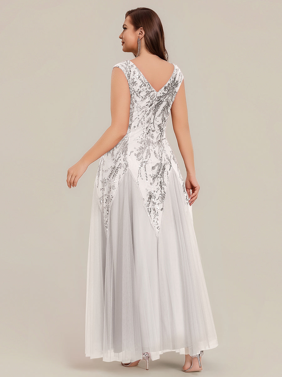 Glitter Embroidered Cap Sleeve High Stretch Mother of the Bride Dress #color_White