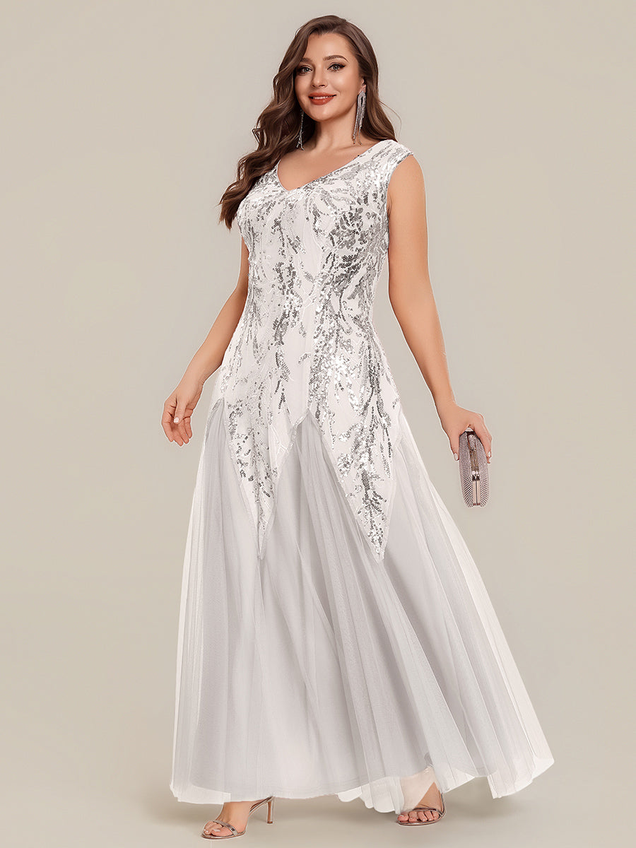 Glitter Embroidered Cap Sleeve High Stretch Mother of the Bride Dress #color_White