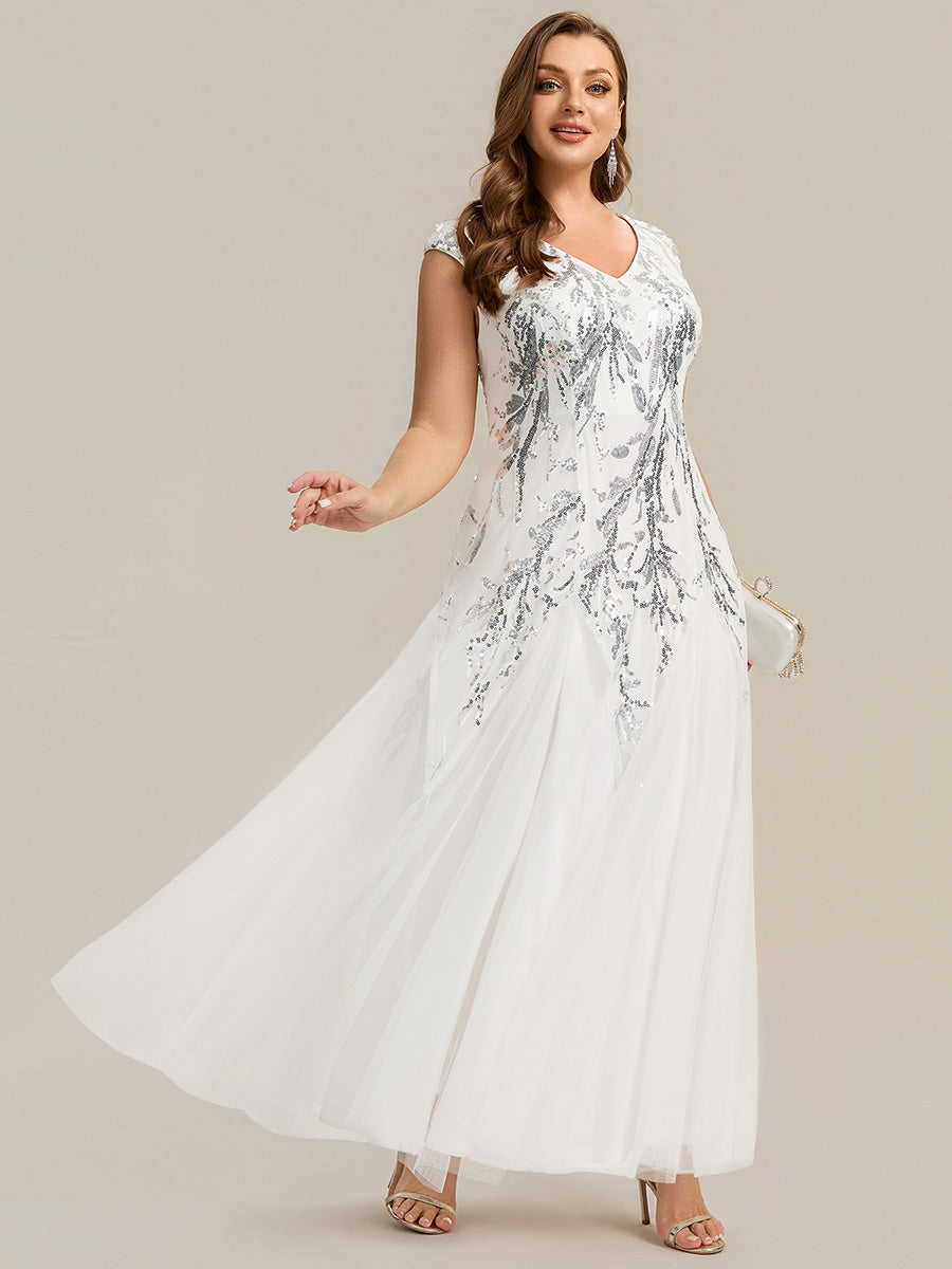 Glitter Embroidered Cap Sleeve High Stretch Mother of the Bride Dress #color_White