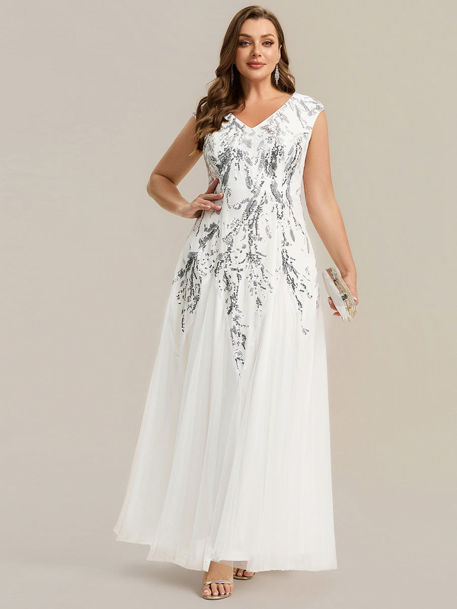 Plus Size Glitter High Stretch Cap Sleeve Tulle Mother of the Bride Dress #color_White