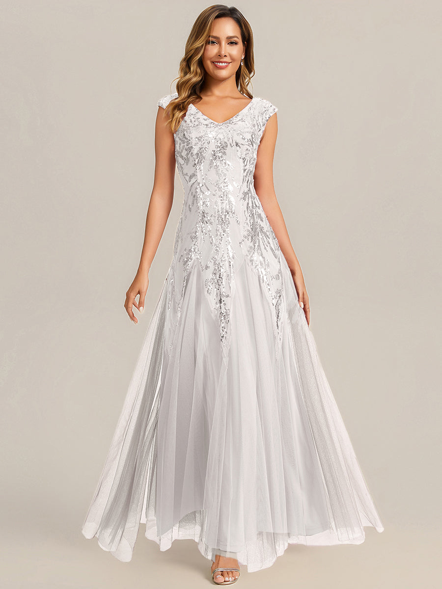 Glitter Embroidered Cap Sleeve High Stretch Mother of the Bride Dress #color_White