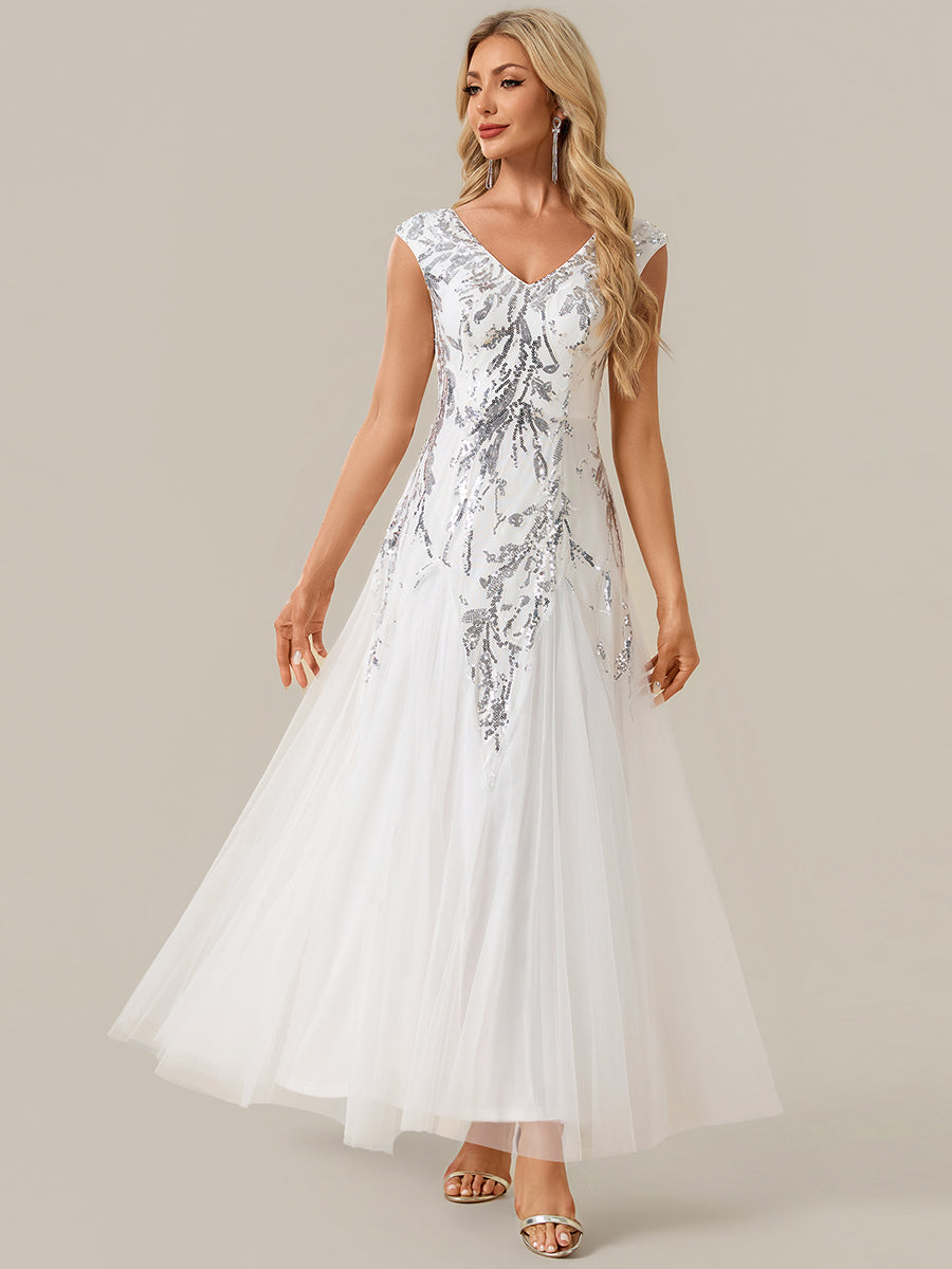 Glitter Embroidered Cap Sleeve High Stretch Mother of the Bride Dress #color_White