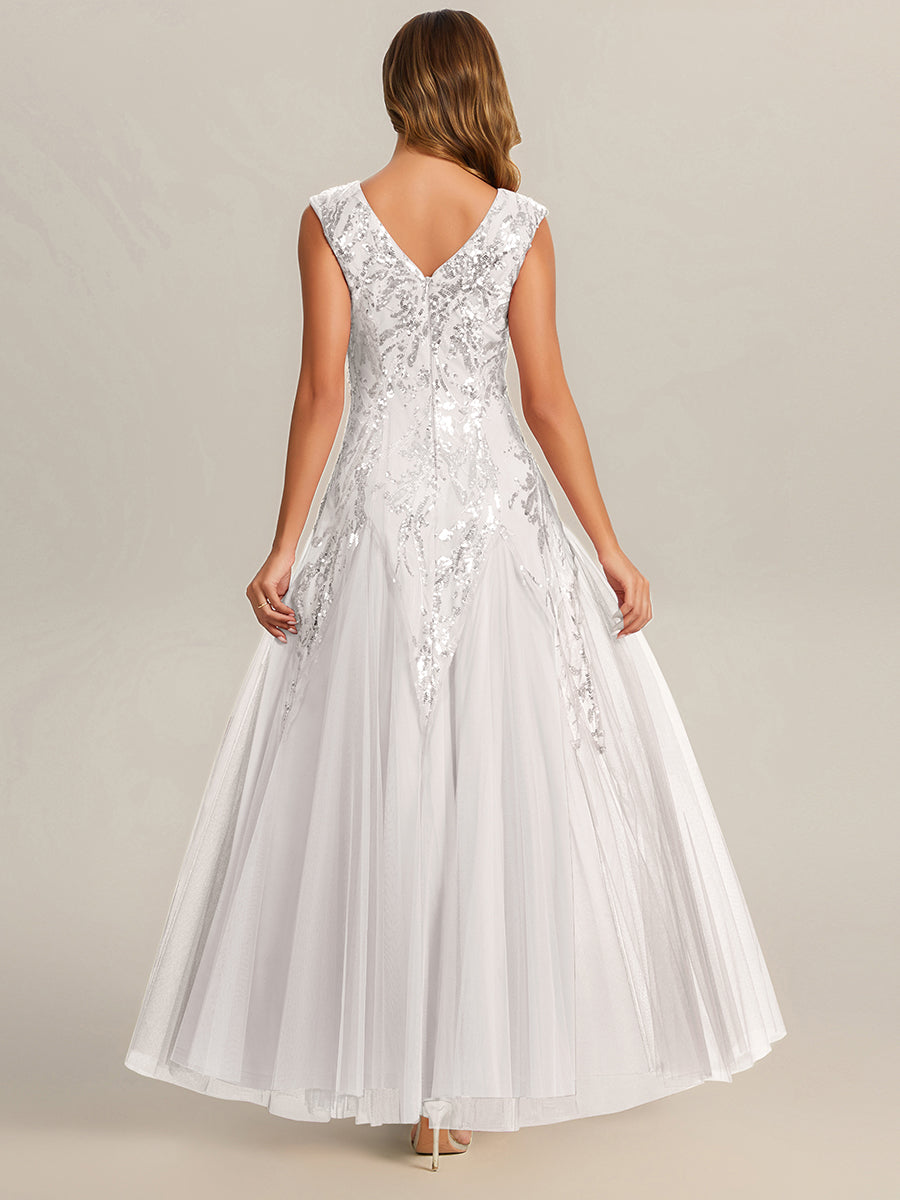 Glitter Embroidered Cap Sleeve High Stretch Mother of the Bride Dress #color_White