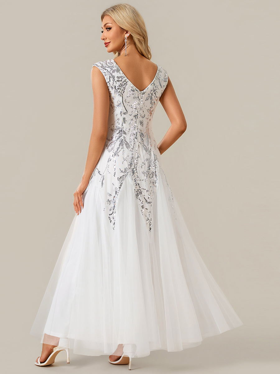 Glitter Embroidered Cap Sleeve High Stretch Mother of the Bride Dress #color_White