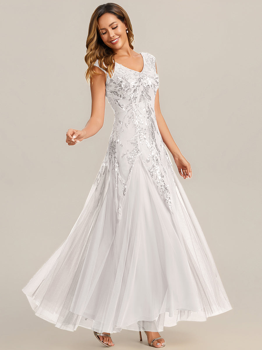 Glitter Embroidered Cap Sleeve High Stretch Mother of the Bride Dress #color_White