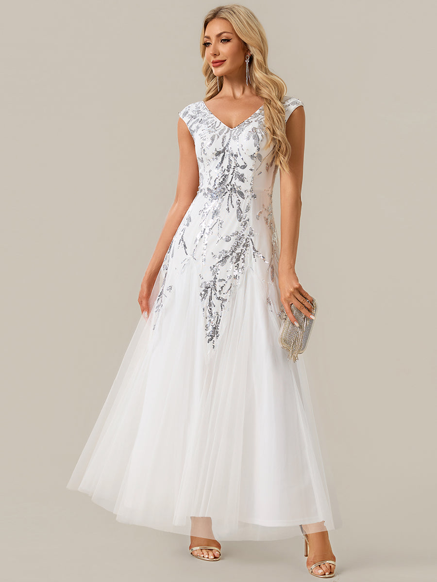 Glitter Embroidered Cap Sleeve High Stretch Mother of the Bride Dress #color_White