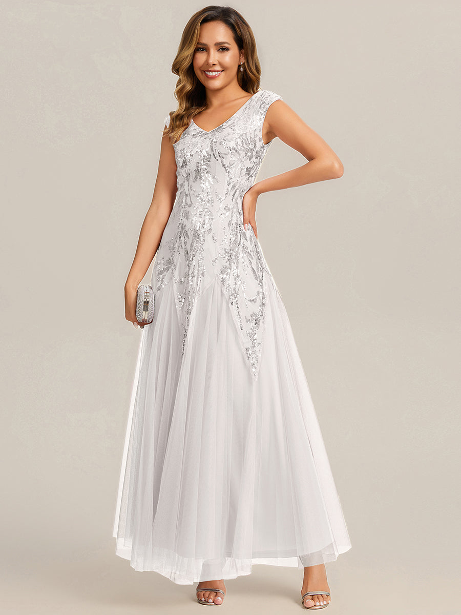 Glitter Embroidered Cap Sleeve High Stretch Mother of the Bride Dress #color_White