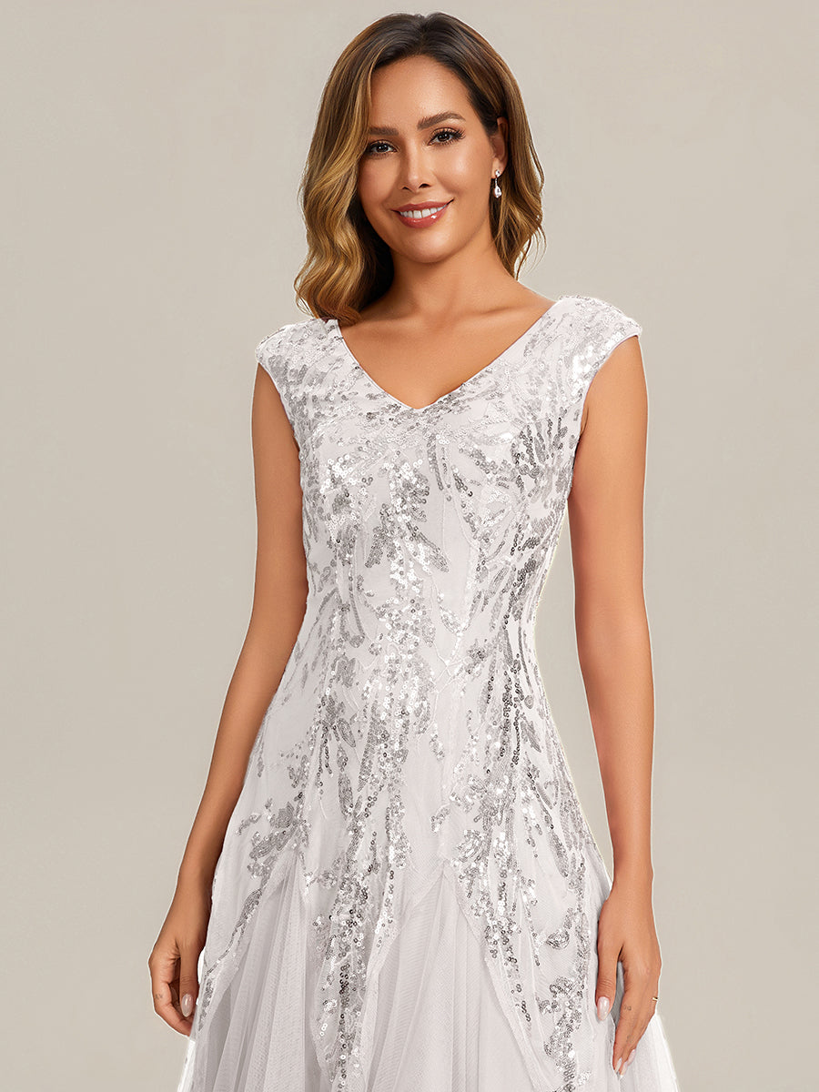 Glitter Embroidered Cap Sleeve High Stretch Mother of the Bride Dress #color_White