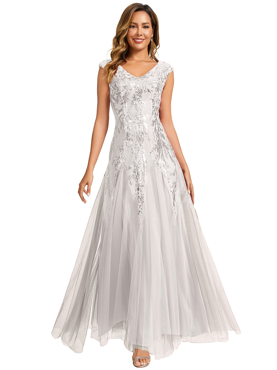Glitter Embroidered Cap Sleeve High Stretch Mother of the Bride Dress #color_White