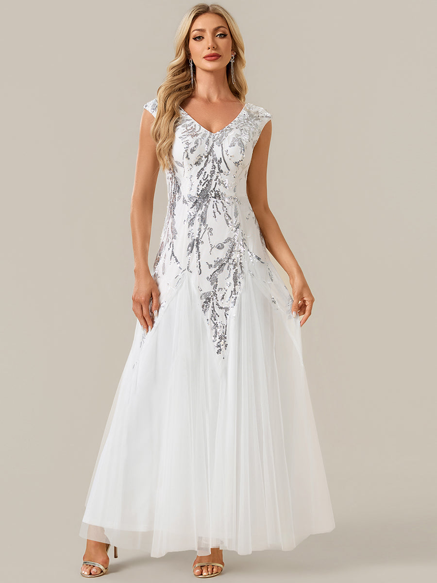 Glitter Embroidered Cap Sleeve High Stretch Mother of the Bride Dress #color_White