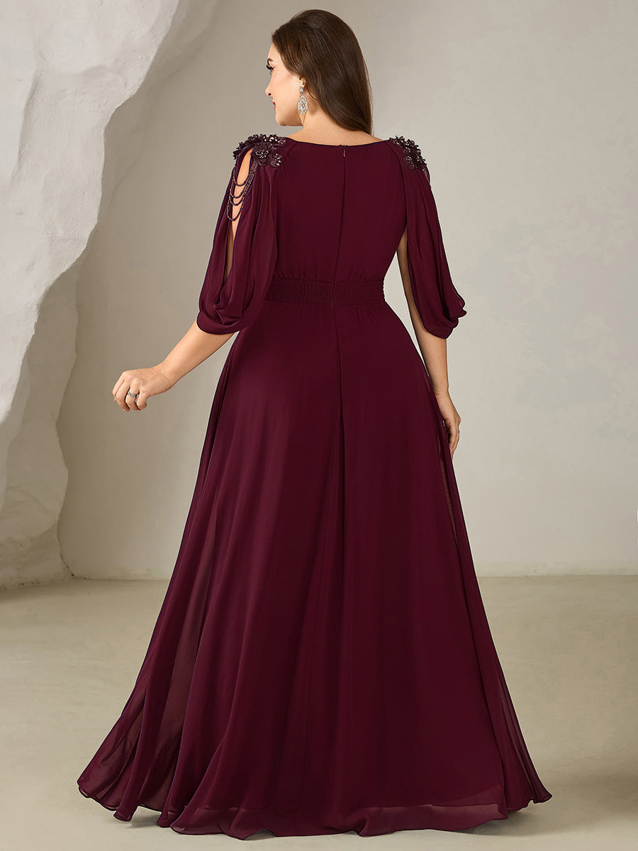 Floral Chiffon Shoulder-Drape Evening Dress #color_Burgundy