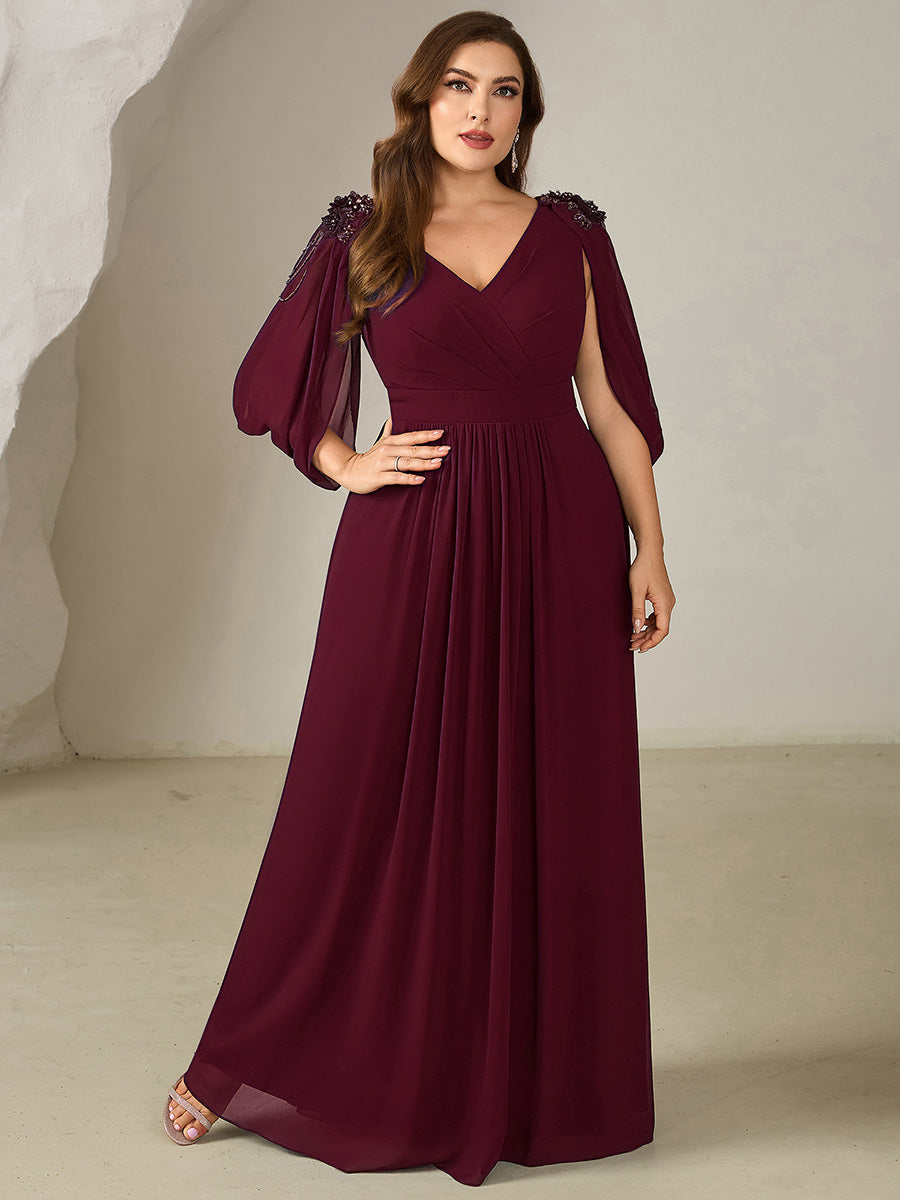 Plus Size Floral Chiffon See-Through Sleeve Evening Dress #color_Burgundy