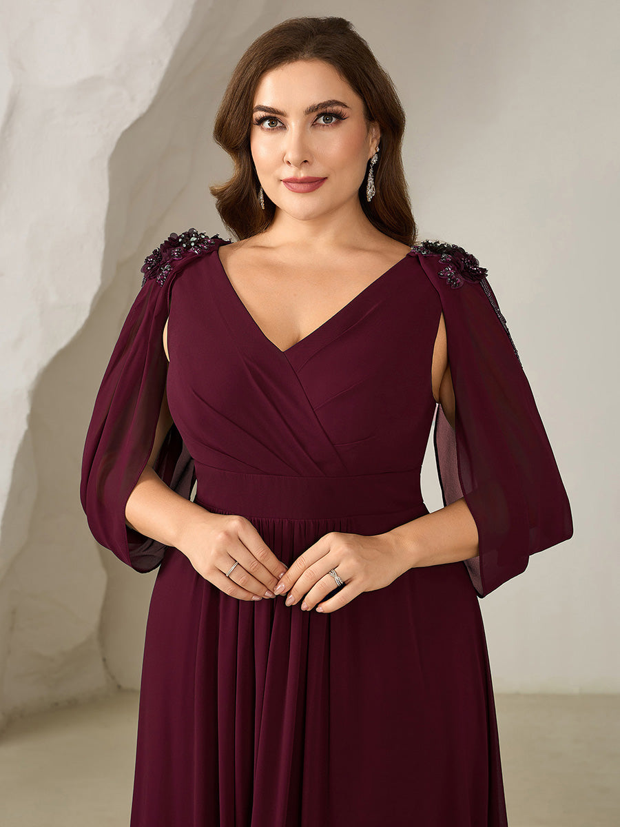 Plus Size Floral Chiffon See-Through Sleeve Evening Dress #color_Burgundy