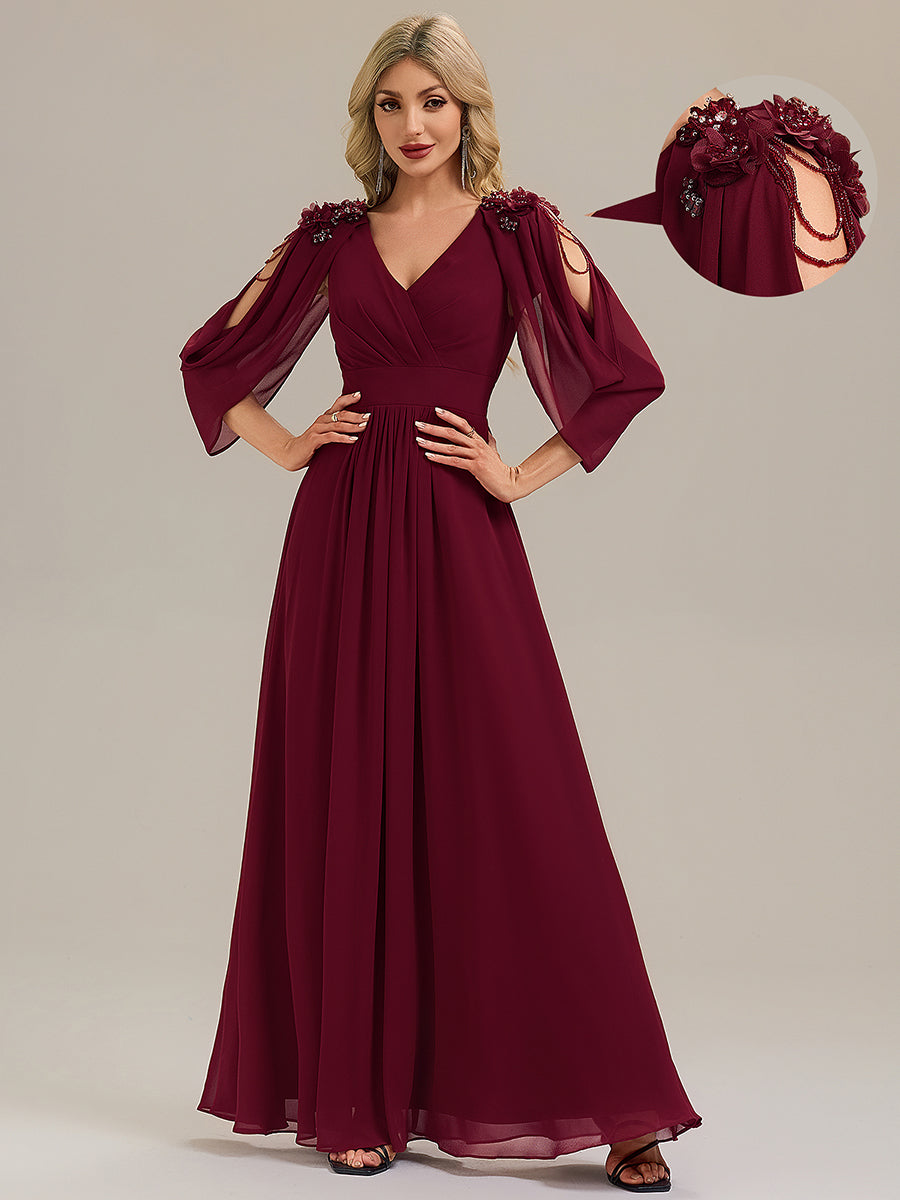 Floral Chiffon Shoulder-Drape Evening Dress #color_Burgundy