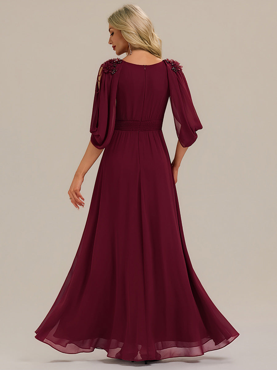 Floral Chiffon Shoulder-Drape Evening Dress #color_Burgundy