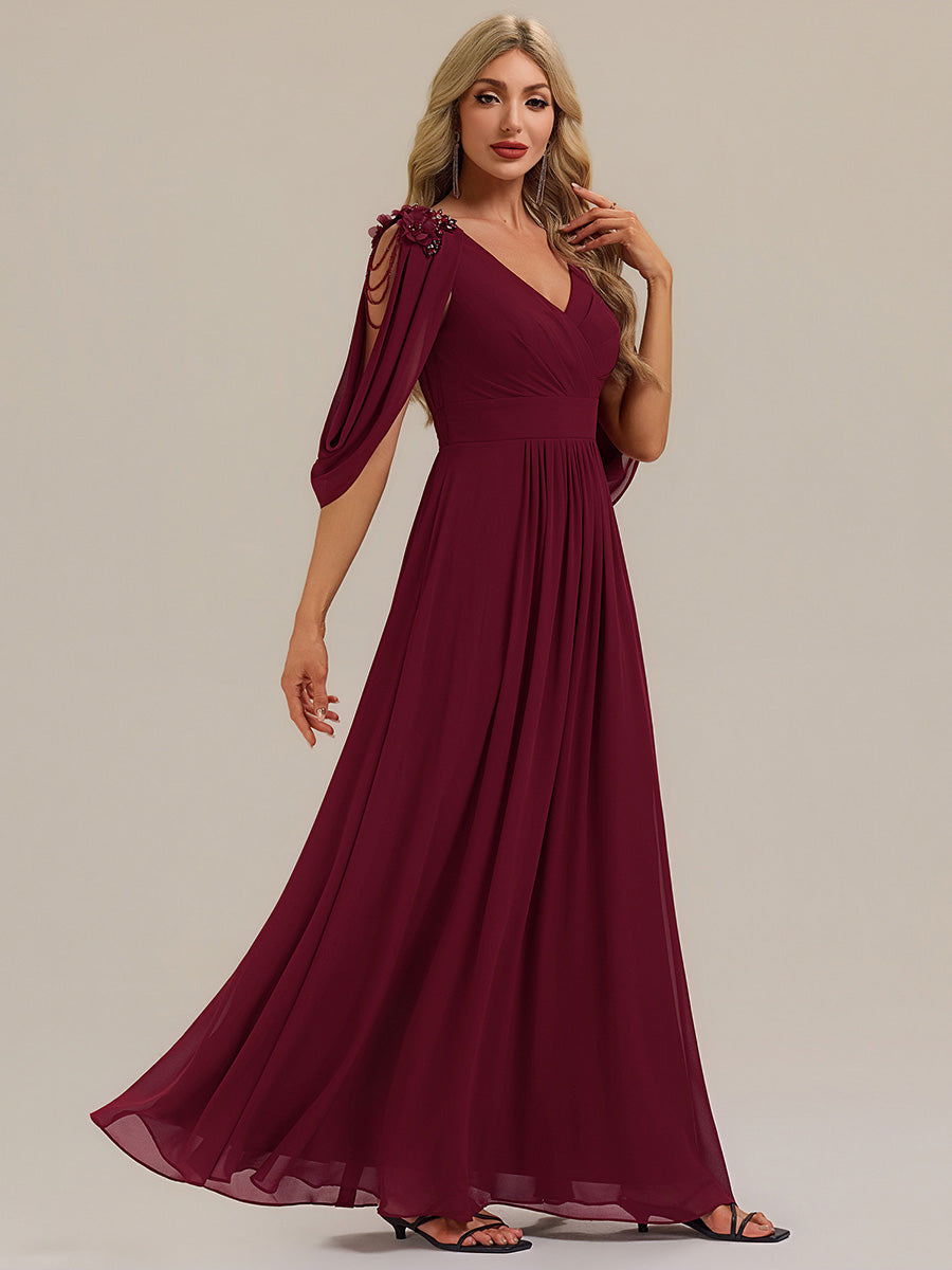 Floral Chiffon Shoulder-Drape Evening Dress #color_Burgundy
