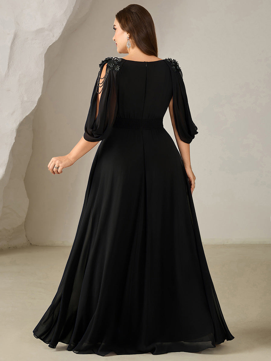 Floral Chiffon Shoulder-Drape Evening Dress #color_Black