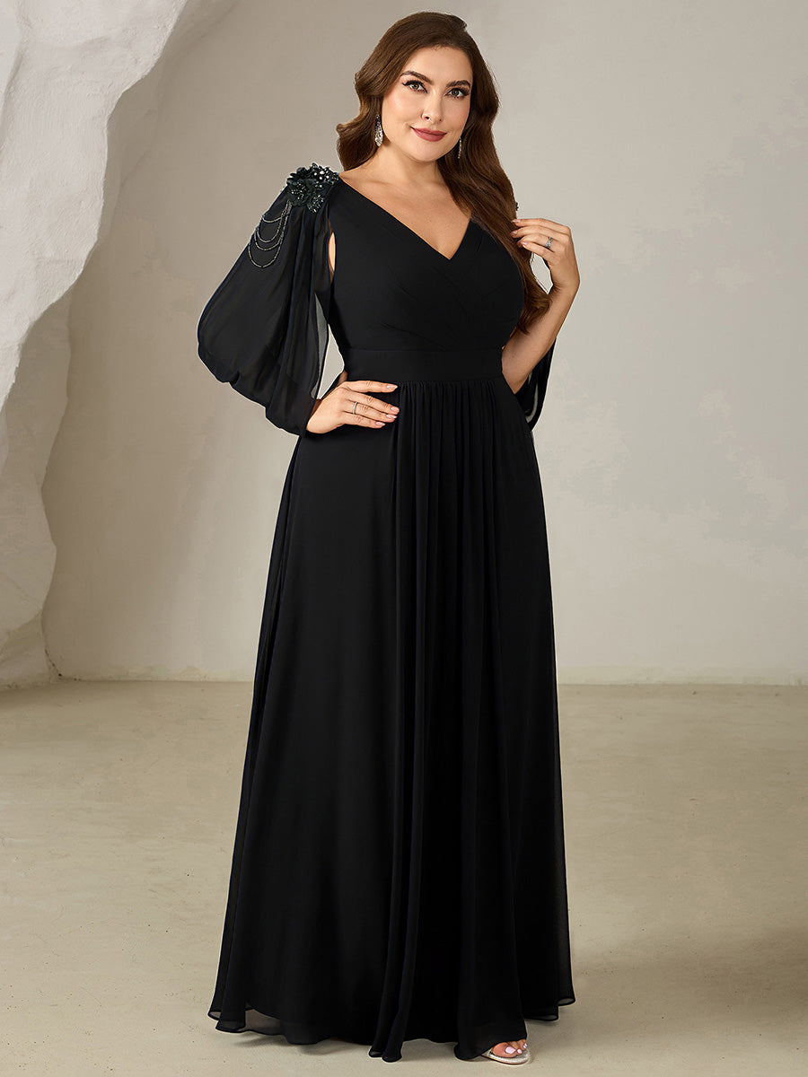 Floral Chiffon Shoulder-Drape Evening Dress #color_Black