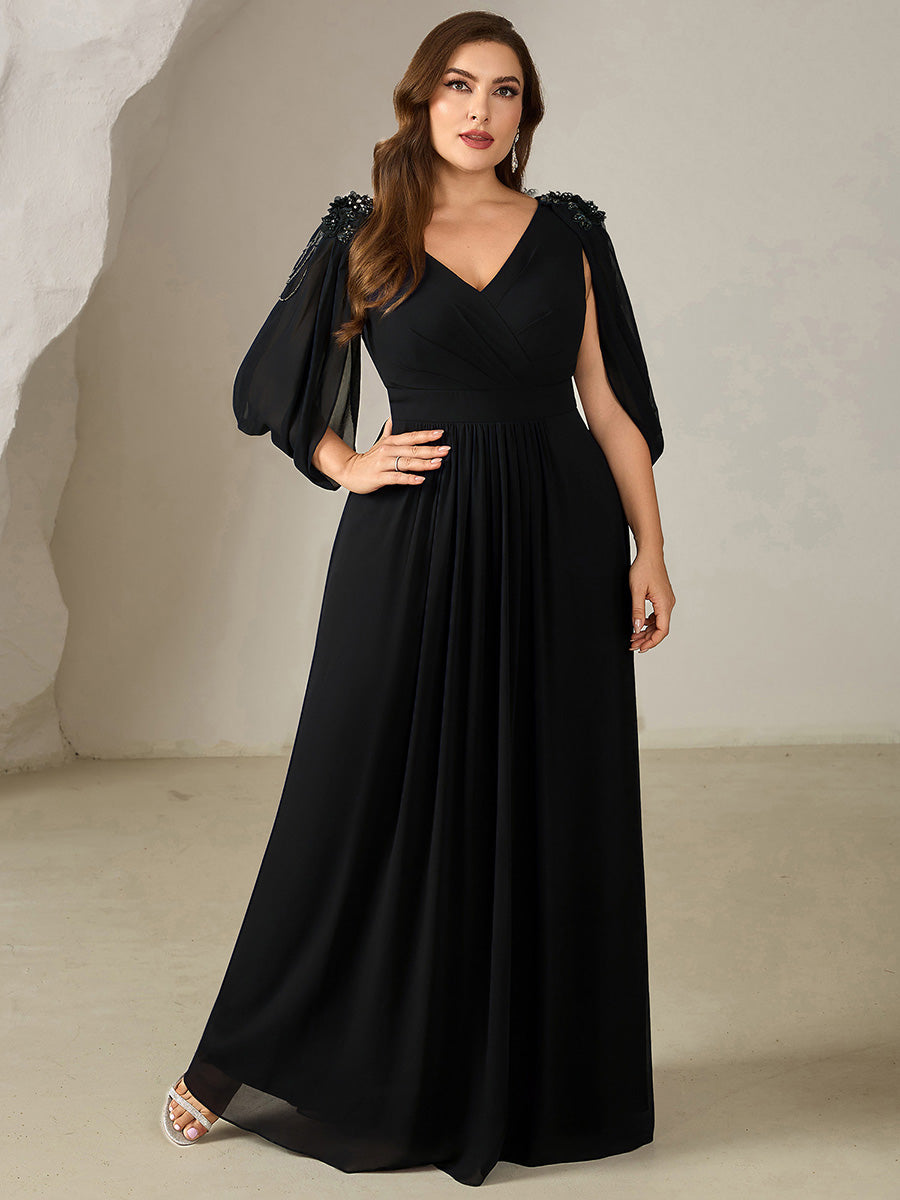 Plus Size Floral Chiffon See-Through Sleeve Evening Dress #color_Black