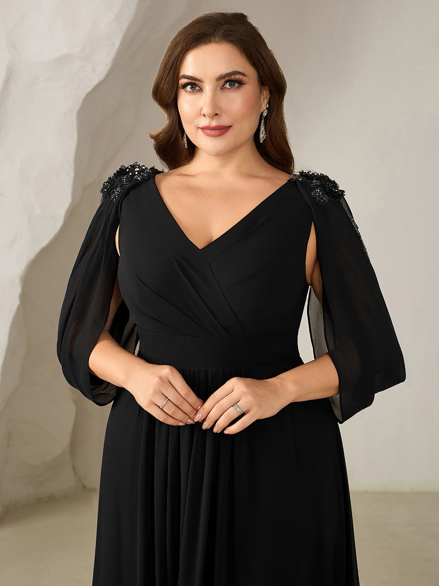 Floral Chiffon Shoulder-Drape Evening Dress #color_Black