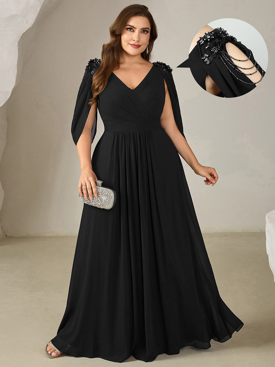 Plus Size Floral Chiffon See-Through Sleeve Evening Dress #color_Black