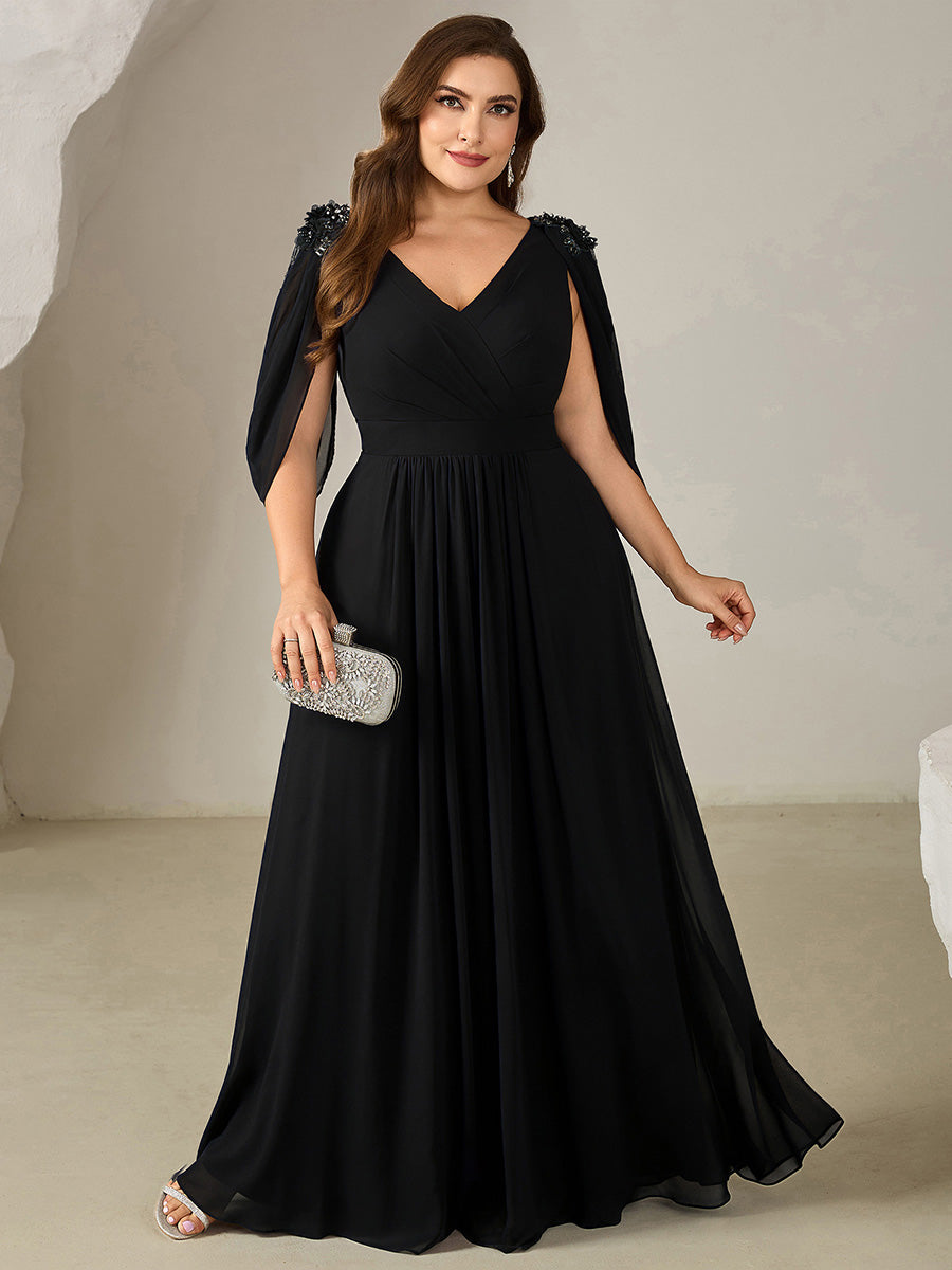 Plus Size Floral Chiffon See-Through Sleeve Evening Dress #color_Black