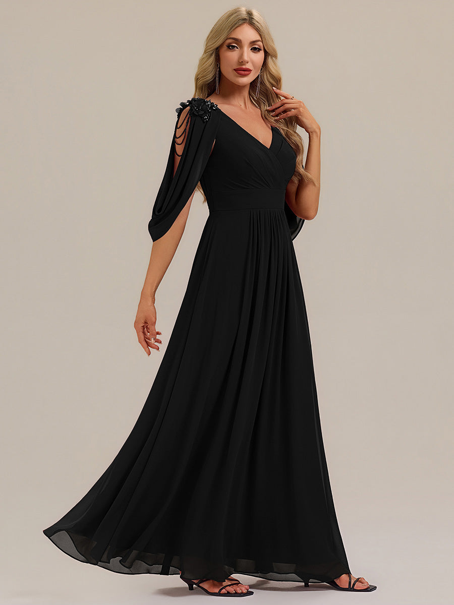 Floral Chiffon Shoulder-Drape Evening Dress #color_Black