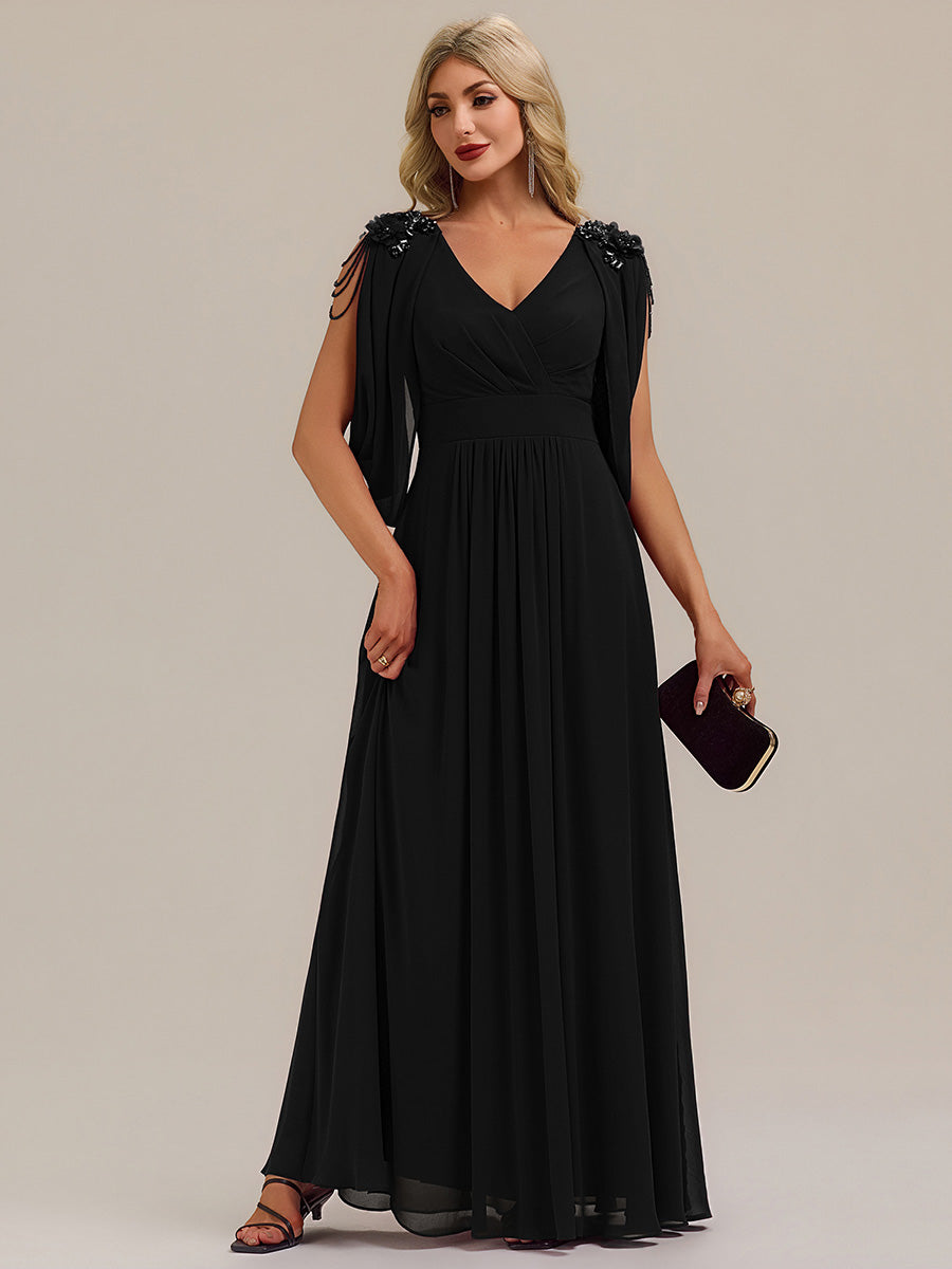 Floral Chiffon Shoulder-Drape Evening Dress #color_Black