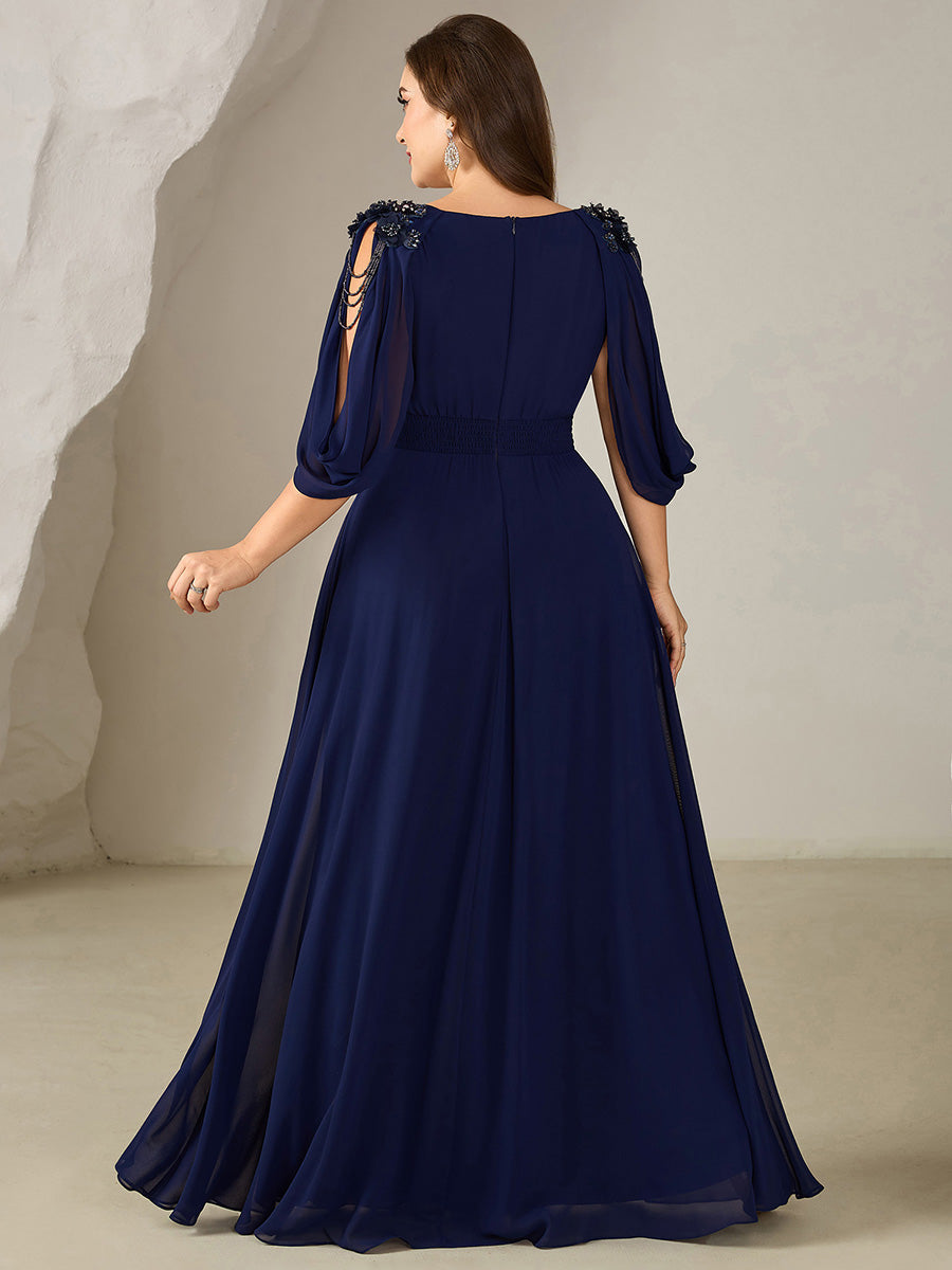Floral Chiffon Shoulder-Drape Evening Dress #color_Navy Blue