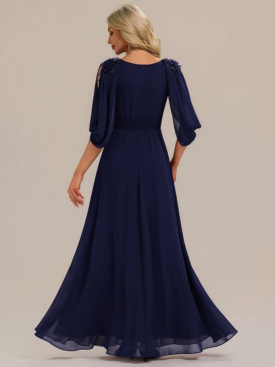 Floral Chiffon Shoulder-Drape Evening Dress #color_Navy Blue