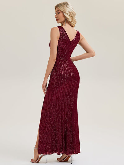 Thigh-High Slit Sequin Sleeveless Evening Dress #color_Burgundy