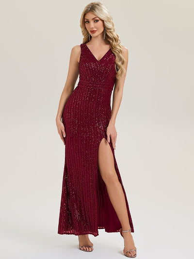 Thigh-High Slit Sequin Sleeveless Evening Dress #color_Burgundy
